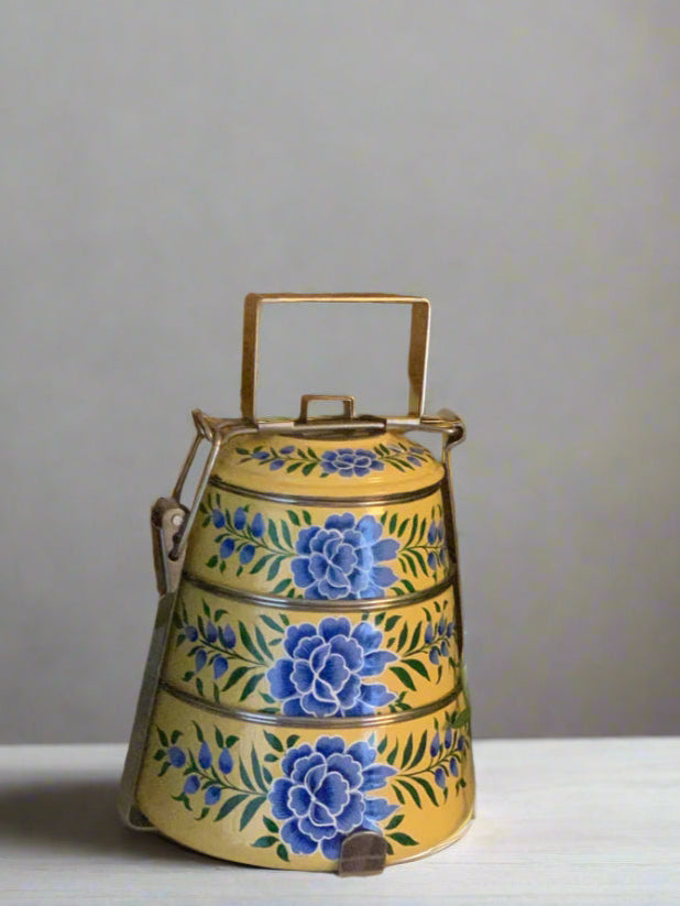 Hand-Painted 3-Tier Stainless Steel Lunch Box – yellow blue floral Design Eco-Friendly tiffin box
